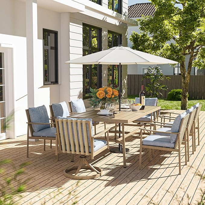 HAPPATIO 9-Piece Patio Table and Chairs Set for 8, Aluminum Outdoor Dining Set with Cushions, 6 Dining Chairs and 2 Swivel Chairs, 1 Large Rectangular Table with Umbrella Hole, Brown