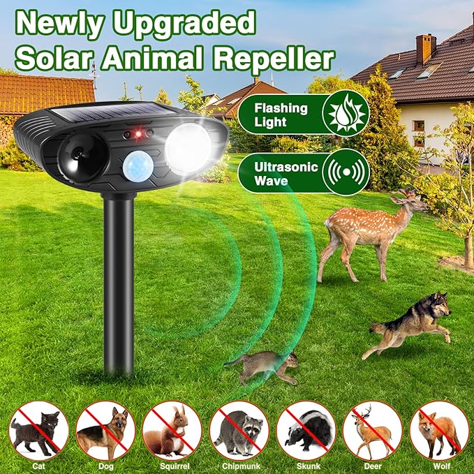 2Pack Solar Ultrasonic Animal Repellent Cat Deterrent Outdoor Solar Animal Repeller with Motion Sensor&LED Strobe Light Deer Repellent to Scare Squirrel Dog Bird Rabbit Skunk Fox Raccoon