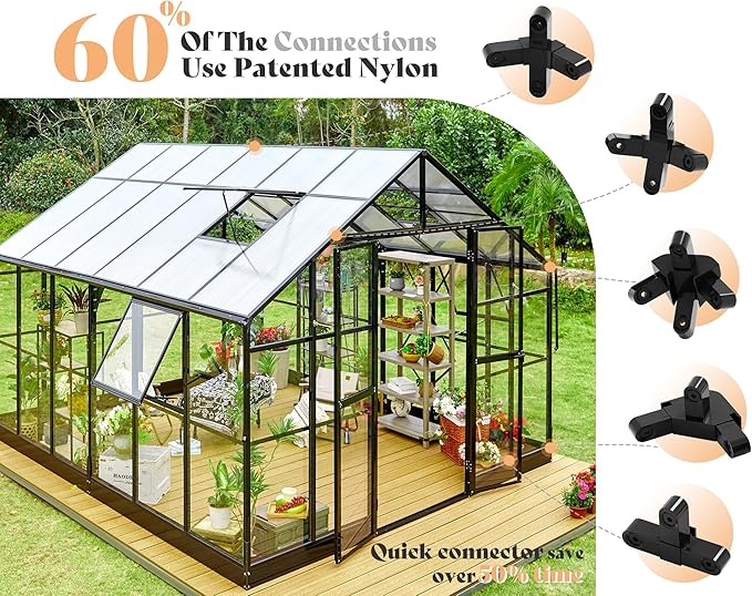 AMERLIFE 12x13.5x9 FT Hybrid Polycarbonate Greenhouse with Quick Connector Fast Assembly Clear Panels, Walk-in Large Aluminum Greenhouses for Outdoors, Swing 2 Doors 4 Vents, Black