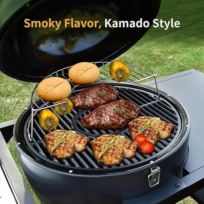 Brand-Man Charcoal Grill & Smoker Steel Kamado - 22" Cast Iron Grates, Grilling Basket, Large Prep Table Cart, Ideal for Outdoor Cooking