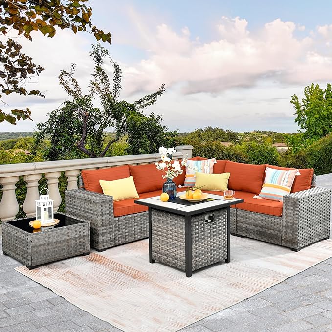 HOOOWOOO Modular Patio Outdoor Sectional Furniture Set with Gas Propane Fire Pit Table,7 Piece Wicker Conversation Sofa Set,Out Door Couch Set with Wide Arm Outside(Orange Red)