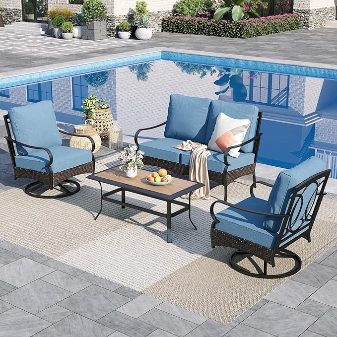 Sophia & William Patio Furniture Set, 4 Piece Metal Outdoor Conversation Set with 2-Seater Outdoor Couch, 2 Swivel Chairs, 1 Coffee Table for Outdoor Seating, Backyard, Porch(Navy Blue)