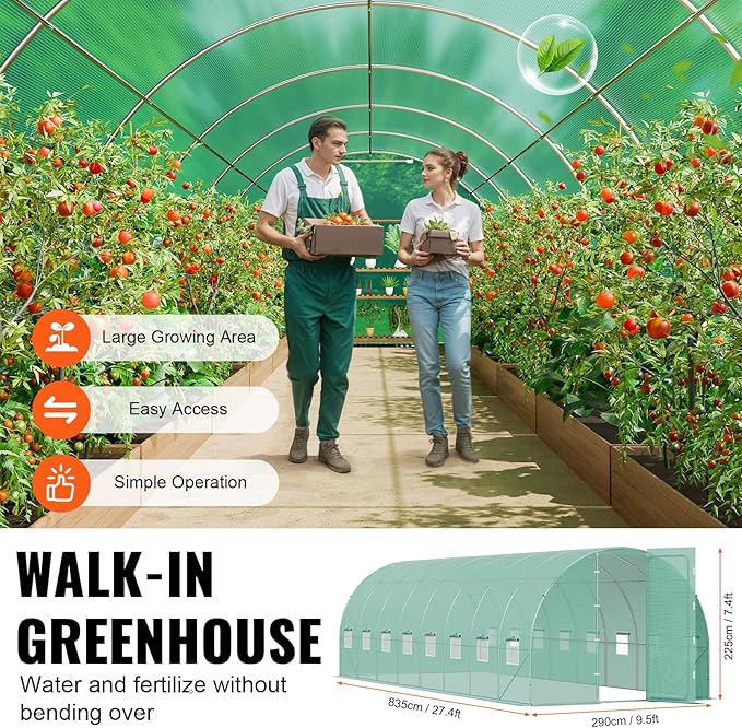 VEVOR Walk-in Tunnel Greenhouse, 27.4x9.5x7.4 ft Hoop House Greenhouse Tunnel, Plant Hot House with Galvanized Steel Frame, Green PE Cover, Swing Door and 16 Roll-up Windows for Outdoor