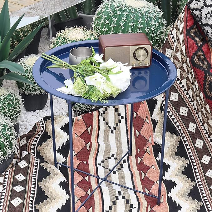 Garden 4 you End Table 2 PCS Metal Side Table Dark Blue Round Folding Tray Cyan Sofa Small Accent Fold-able Table, Round End Table Tray, Next to Sofa Table, Snack Table for Living Room and Bed Room