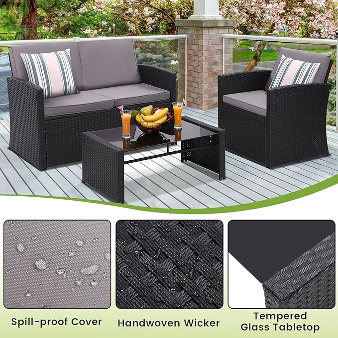 4 Pieces Patio Conversation Set, Outside Rattan Sectional Sofa, Cushioned Furniture Set, Wicker Sofa Ideal for Garden, Porch, Backyard, Black Color Rattan and Light Grey Cushion