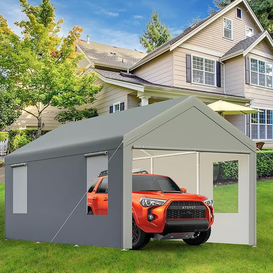 Carport,10x20 Heavy Duty Carports, Canopy, Garage, Metal Shed, with 4 Roll-up Ventilated Windows, Outdoor, Storage, Car, Boat,10x20 Grey