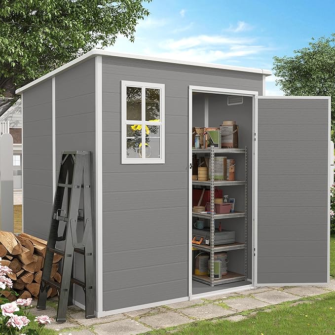 Outdoor Storage Shed, 6x6 FT Resin Shed with Floor and Lockable Door, Window & Vents, Tool Sheds & Outdoor Storage for Bike, Tools, Garden Accessories, Waterproof Grey White