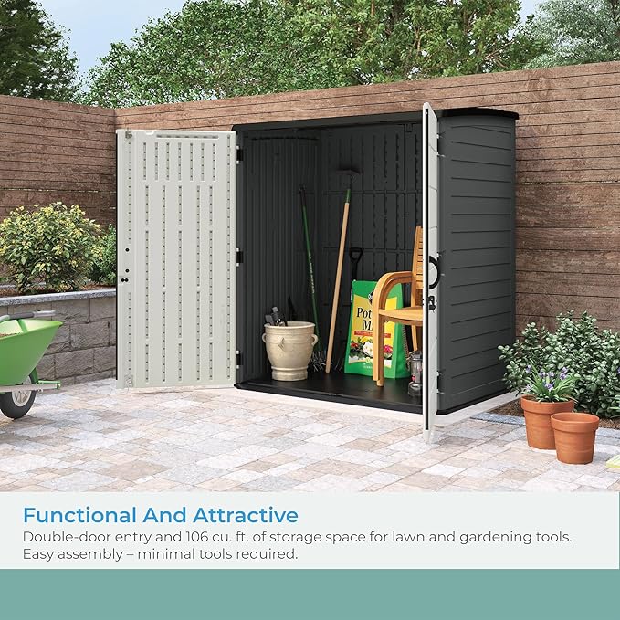 Suncast Extra-Large Vertical Storage Shed for Yard Storage, All-Weather Outdoor Storage Shed with 2 Lockable Doors, 70.5" W x 44.25" D x 77.5" H, Peppercorn, Made in The USA