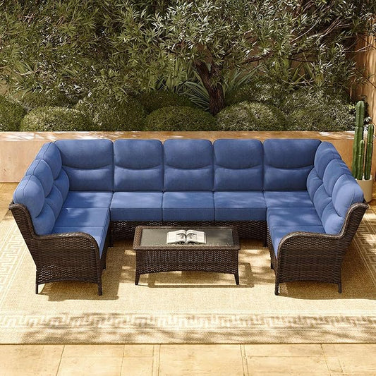 HILLGA Luxury Patio Furniture Set with 6-inch Thick Cushion, Outdoor Sectional Sofa and Coffee Table, 2PCS Wicker Conversation Set for Deck Yard and Poolside, Blue (V2)