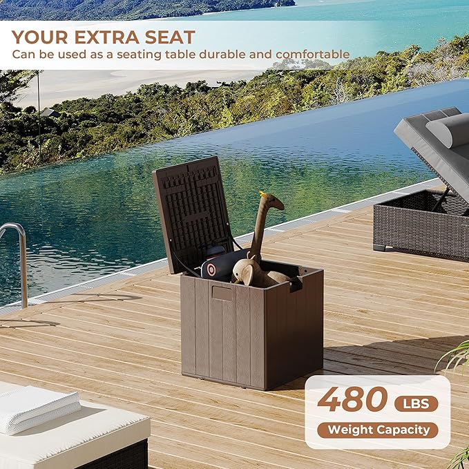 28Gallon Brown Resin Deck Box, Outdoor Storage Box Waterproof Lockable, Patio Square Deck Box For Package Delivery, Outside Storage Box Container for Furniture Cushions, Garden Tools, Pool Accessories