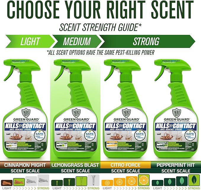 Green Guard Pest Control Spray - Indoor & Outdoor Killer of Ants, Roaches, Spiders & Other Crawling Insects, Safe Around Children & Pets, Plant-Based, Pleasant Scent (Lemongrass Blast, 32 oz)