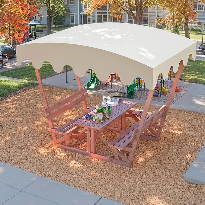 Outdoor Waterproof Solid Wood Picnic Table with Removable Canopy & Benches, Rectangle Tabletop, All-Weather for Patios, Gardens, Decks, Parks, Beaches