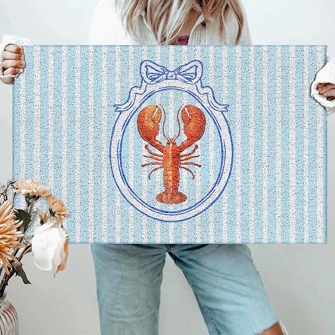 Red Lobster Coastal Beach Door Mat, Coquette Blue Bow Striped Preppy Beach Doormat Non-Slip for Front Door Porch Indoor Outside Entrance Entryway, Nautical Crawfish Welcome Mat, 17x30 Inch