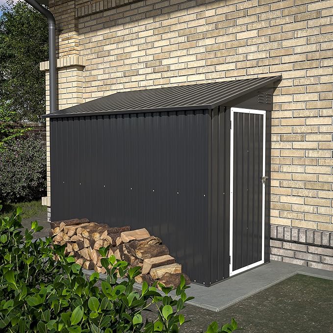 4×8 FT Outdoor Metal Storage Shed,Heavy-Duty Lean to Storage Shed with Floor Base,Garden Tool Metal Storage House W/Lockable Door and 2 Air Vents,Weather Resistant,for Backyard,Patio,Lawn,Black