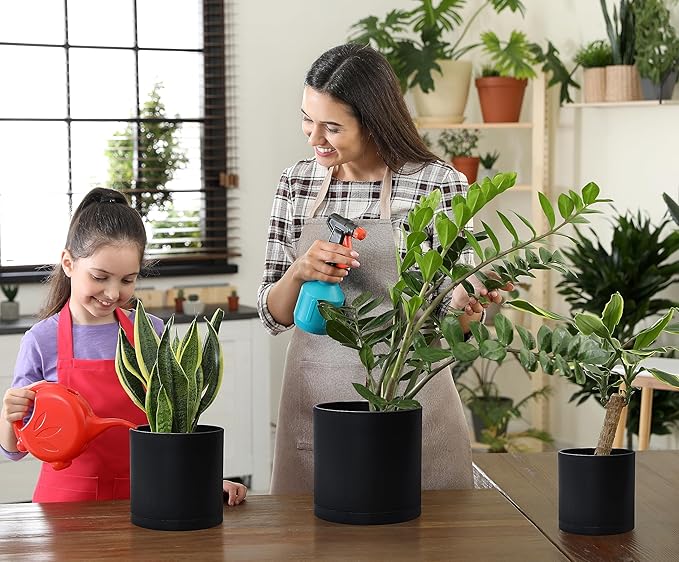 D'vine Dev 4.5 Inch 5.5 Inch 6.5 Inch, Set of 3 Plastic Planter Pots for Plants with Drainage Hole and Seamless Saucers, Black Color, Small Plus, 74-V-B-2