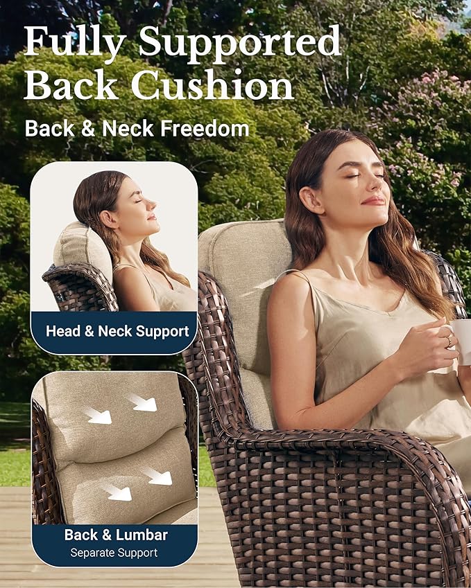 HILLGA Luxury High Back Patio Furniture Set with 6-Inch Thick Cushion, 6-Piece Outdoor Conversation Set with Sofa, Swivel Rocker Chairs & Ottomans, Ideal for Porch Pool Deck Yard (Beige)