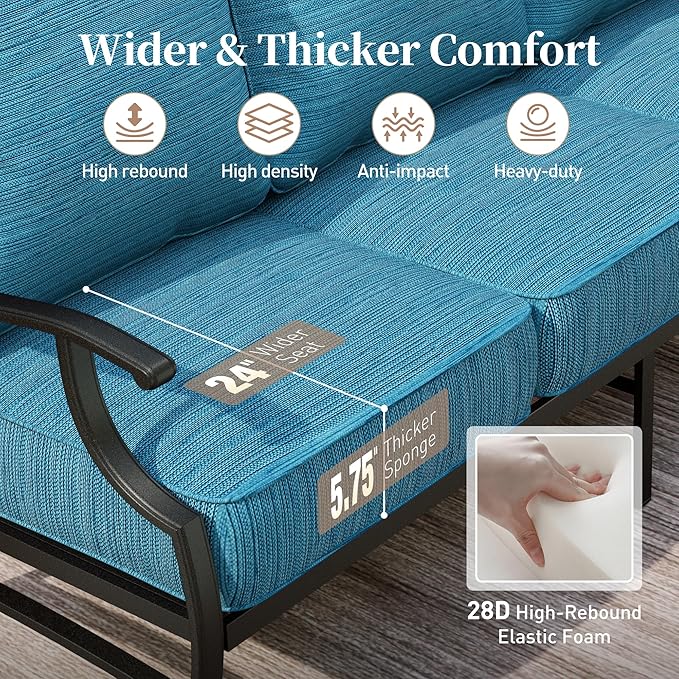 6 Piece Metal Outdoor Patio Furniture Set, Patio Conversation Sets 1 3-Seater Sofa, 4 Fixed Chairs with 5.75" Thick Cushion and Coffee Table, Backyard Furniture Set for Deck, Blue-2