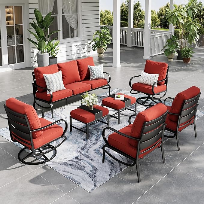Sophia & William Patio Furniture Sets for 7 Outdoor Conversation Set 7 Pcs with 2 x Swivel Sofa Chairs, 2 x Armrest Chairs, 1 x 3-Seat Sofa, 2 x Ottomans for Coffee Garden Backyard Poolside Red