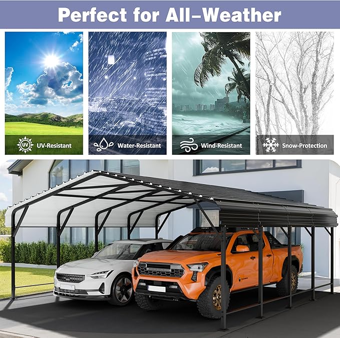 JY QAQA 20 x 20 FT Heavy Duty Metal Carport Canopy with Galvanized Steel Roof, Outdoor Car Tent Metal Garage Shelter for Car, SUV, Trucks and Boats