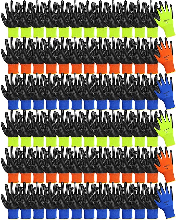 Maxcheck 54 Pairs PU Coated Gloves Bulk, Reusable Rubber Safety Gloves for Men Women Work Warehouse, Mechanic, Woodworking