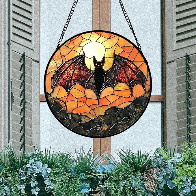 Stained Glass Window Hanging, Black Bat Sun Catcher for Door Home Decor Animal Suncatcher Christmas Mother's Day Birthday Gifts for Women Men Mom and Nana 9.8 in
