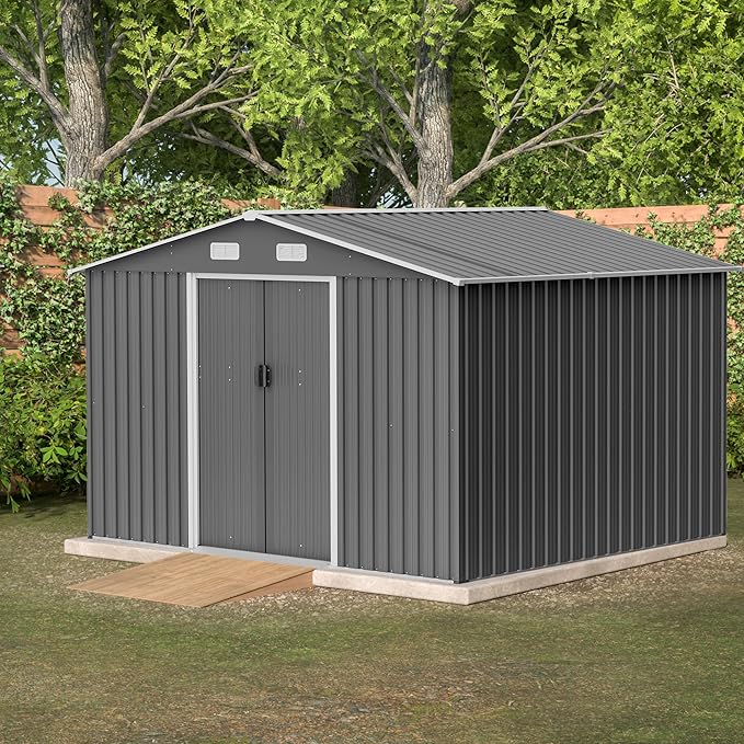 10X8 FT Outdoor Storage Shed with Galvanized Steel Construction & Lockable Doors,All Weather Garden Tool House Sheds W/Sliding Doors and Padlock,for Patio,Backyard,Lawn,Gray