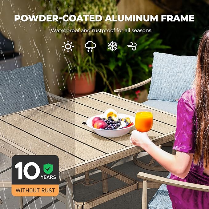 HAPPATIO 5-Piece Outdoor Dining Set for 4, Aluminum Patio Dining Set Includes 1 Large Square Table with Umbrella Hole, 2 Swivel Dining Chairs, and 2 Dining Chairs, for Lawn, Porch, Backyard (Brown)