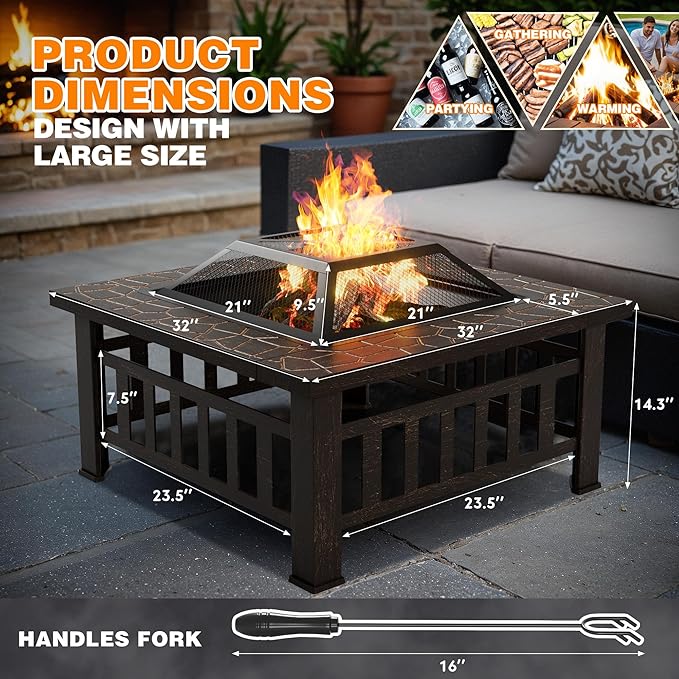 Flamaker Outdoor Fire Pit 32 Inch Firepit Tables Backyard Mutifunctional Square Metal Stove Wood Burning with Cover Poker for Patio, Camping, Bonfire (Copper)