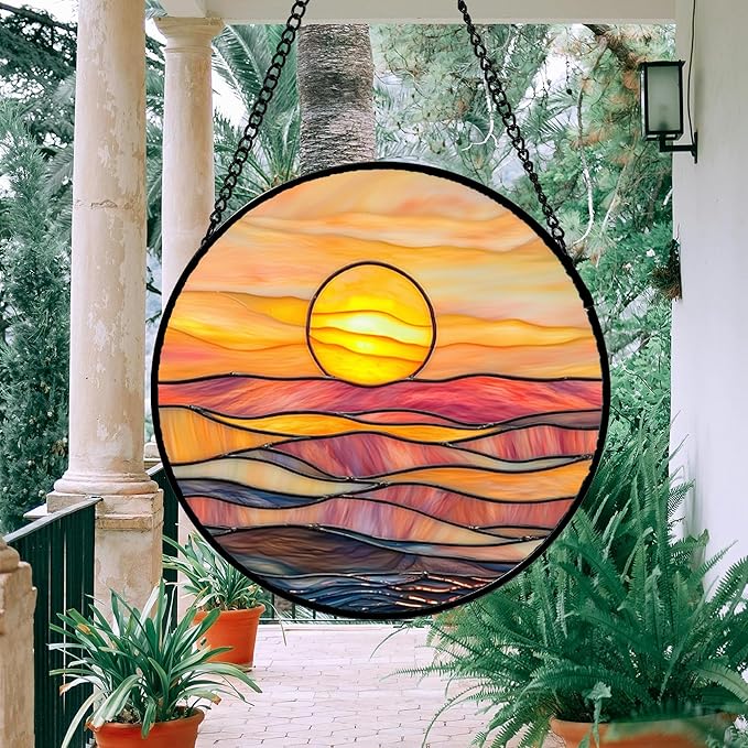 Stained Glass Window Hanging, Orange Sunrise Suncatcher Diamond Glass Panel Hangings Scenery Sun Catchers Decor for Birthday for Women, Men, Wife, Aunt, and Mom 11.8 in