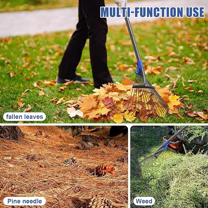 Adjustable Leaf Rake, 53” Long Handle Garden Rakes for Lawns Leaves with Expandable Head 8-17", Yard Women Kids Rake for Gardening RV Camping