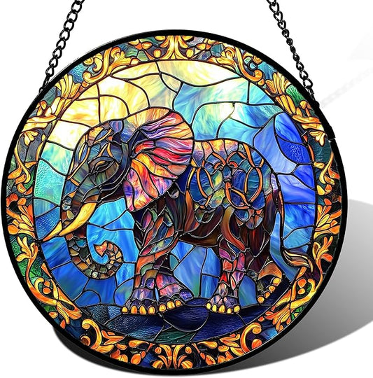 Stained Glass Window Hanging - Blue Elephant Suncatcher for Door Terrace Garden Home Decor, Yellow Retro Sun Catcher Birthday Gifts for Lovers Women Men Dad Mom Nana 9.8 in