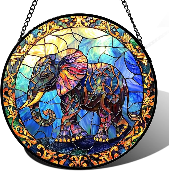 Stained Glass Window Hanging - Blue Elephant Suncatcher for Door Terrace Garden Home Decor, Yellow Retro Sun Catcher Birthday Gifts for Lovers Women Men Dad Mom Nana 6.3 in