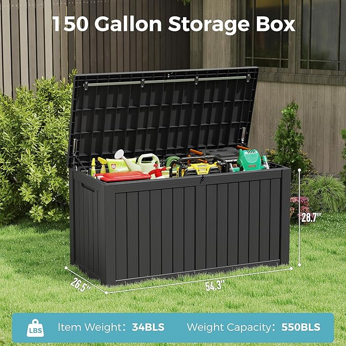 151 Gallon Outdoor Storage Box,Resin Large Sturdy Deck Box, Backyard Outside Storage Box Waterproof with Double Wall Panels,Package Delivery Garden Outdoor Hose Storage Bin,Black