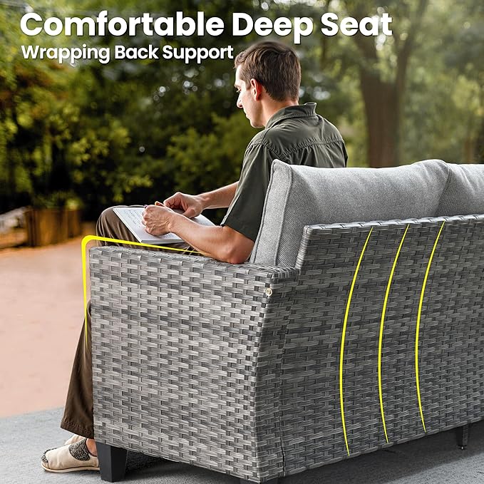 ovios 6 Pieces Patio Furniture Set, Outdoor Wicker Sofa Couch with Rocking Swivel Chairs Comfy Cushions, Modern Deep Seat Rattan Conversation Sets for Porch Deck, Dark Grey