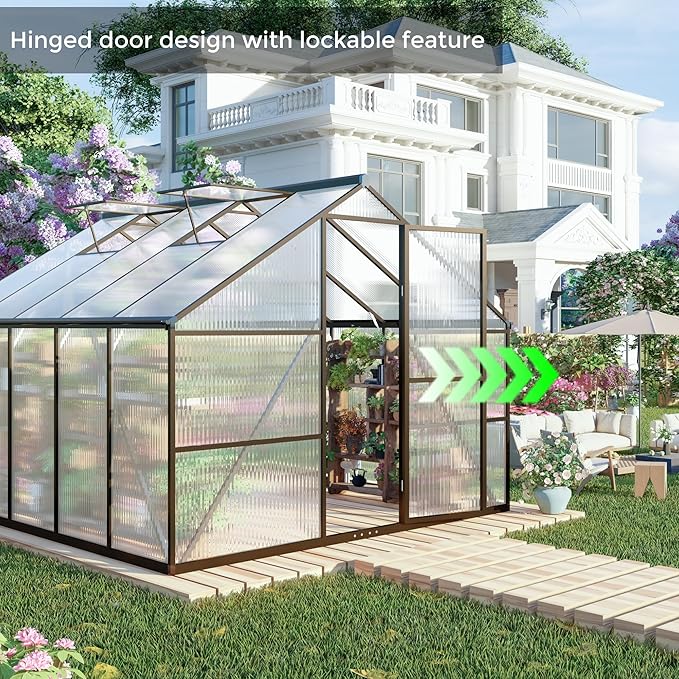 8x12 FT Greenhouses for Outdoors, Polycarbonate Greenhouse with PC Panels, Greenhouses for Outdoors for Yard, Garden, Hobby, Dark Grey