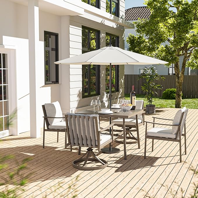 HAPPATIO 5-Piece Outdoor Dining Set for 4, Aluminum Patio Dining Set Includes 1 Large Square Table with Umbrella Hole, 2 Swivel Dining Chairs, and 2 Dining Chairs, for Lawn, Porch, Backyard (Grey)