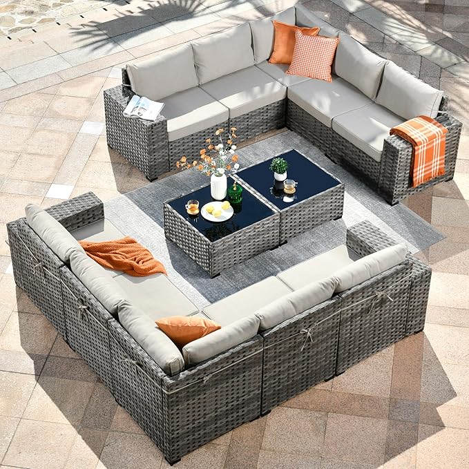 HOOOWOOO 12 Piece Modular Patio Outdoor Sectional Furniture Sofa Set,Wicker Conversation Set,Out Door Couch Set with Wide Arm for Outside All Weather(Beige)