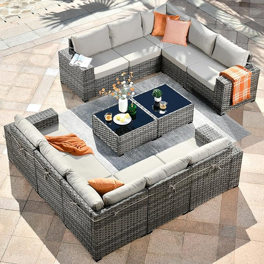HOOOWOOO 12 Piece Modular Patio Outdoor Sectional Furniture Sofa Set,Wicker Conversation Set,Out Door Couch Set with Wide Arm for Outside All Weather(Beige)