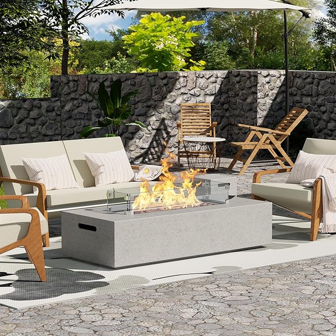 NAGA HABNA 56 Inch Propane Fire Pit Table, Rectangle Outdoor Fire Table w Tank Table (50,000 BTU), 3 Piece Gas Fire Pit w Glass Wind Guard & Lava Rocks for Garden, Pool, Backyard
