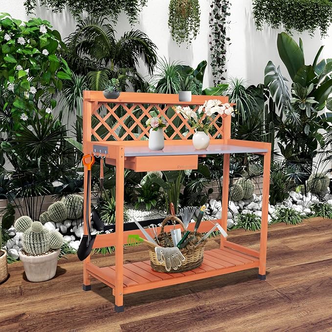 Outdoor Potting Bench & Wooden Gardening Work Station Planting Table with Metal Tabletop, Drawer, Storage, and Hooks