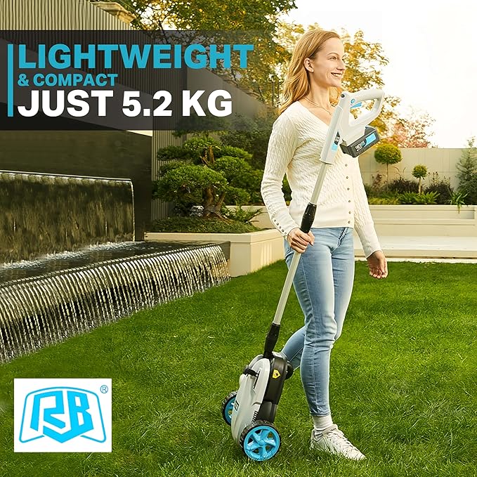 RB 9" Small Lawn Mower for Small Spaces, 40V 2Ah Battery & Charger, Ultra-Light Mini Cordless Lawn Mower with Brushless Motor, 3 Cutting Heights, One-Hand Steering, Upright Storage for Tiny Yards