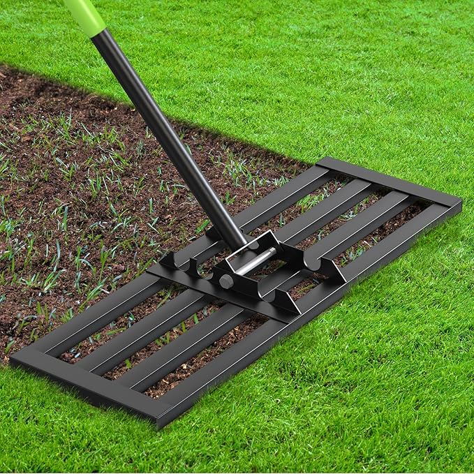 Seeutek Lawn Leveling Rake, 30” x 10” Lawn Leveler with 6.5FT Handle Rakes for Lawns, 0-180° Adjustable Ground Leveler Tool for Yard, Level Soil Sand Dirt Surfaces