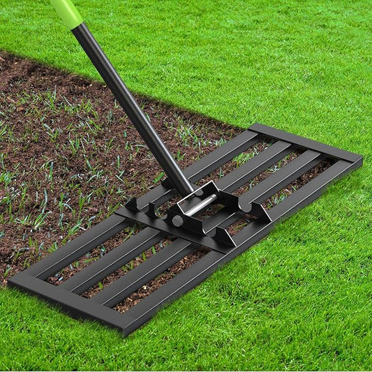 Seeutek Lawn Leveling Rake, 30” x 10” Lawn Leveler with 6.5FT Handle Rakes for Lawns, 0-180° Adjustable Ground Leveler Tool for Yard, Level Soil Sand Dirt Surfaces