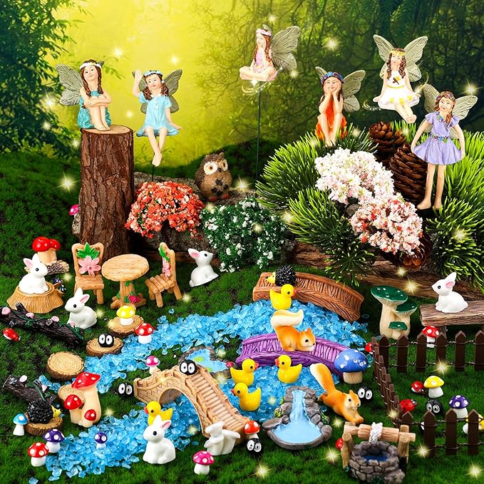 100 Pcs Fairy Garden Accessories Miniatures Figures Kit Micro Landscape Terrarium Ornaments Resin Mushroom Animal Fake Pond Lawn Bridge Garden Dollhouse Decoration