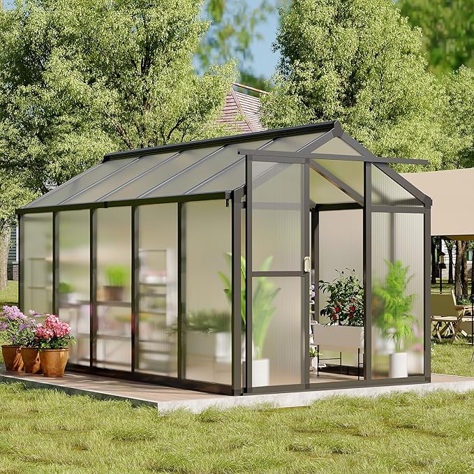 Greenhouse, 6x10 FT Greenhouse for Outdoors, Walk-in Green House with Ground Nails and Vent Windows, Sliding Lockable Door, Polycarbonate Green House for Outside Garden Backyard, Quick Setup, Black