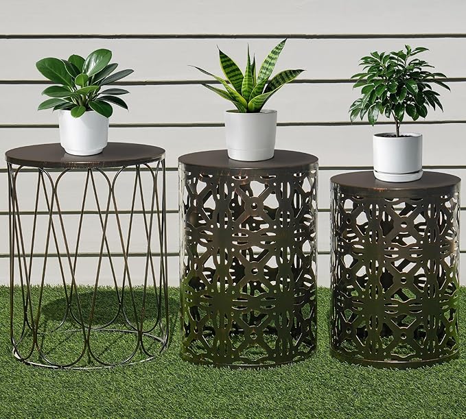 HFHOME Set of 3 Metal Outdoor Side Table, Nesting Round Coffee Table for Indoor Outdoor, Heavy Duty End Tables Plant Stand Living Room Garden Stool - Bronze