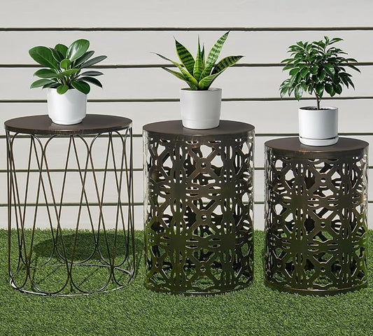 HFHOME Set of 3 Metal Outdoor Side Table, Nesting Round Coffee Table for Indoor Outdoor, Heavy Duty End Tables Plant Stand Living Room Garden Stool - Bronze