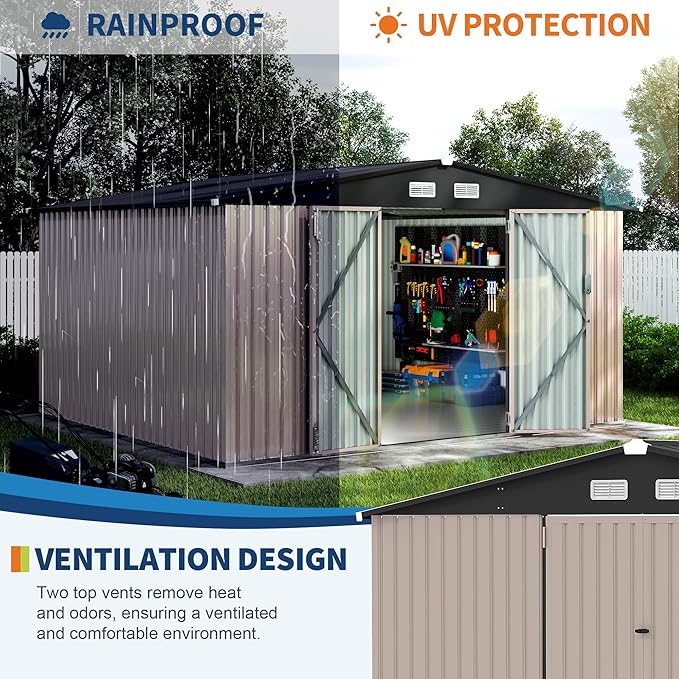 10x12 FT Metal Storage Sheds Outdoor, Metal ToolShed with Lockable Door, Metals Yard Sheds Metals Garden Shed Kit, MetalUtility Sheds Buildings with Air Vent for Backyard Garden Patio Lawn