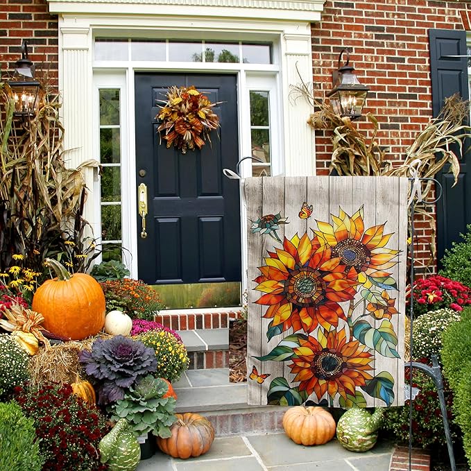 Stained Glass Sunflower Fall Garden Flag Autumn Flower Yard Signs for Outside 12x18 Double Sided Small Thanksgiving Monarch Butterfly Banner Outdoor Farmhouse Decorations