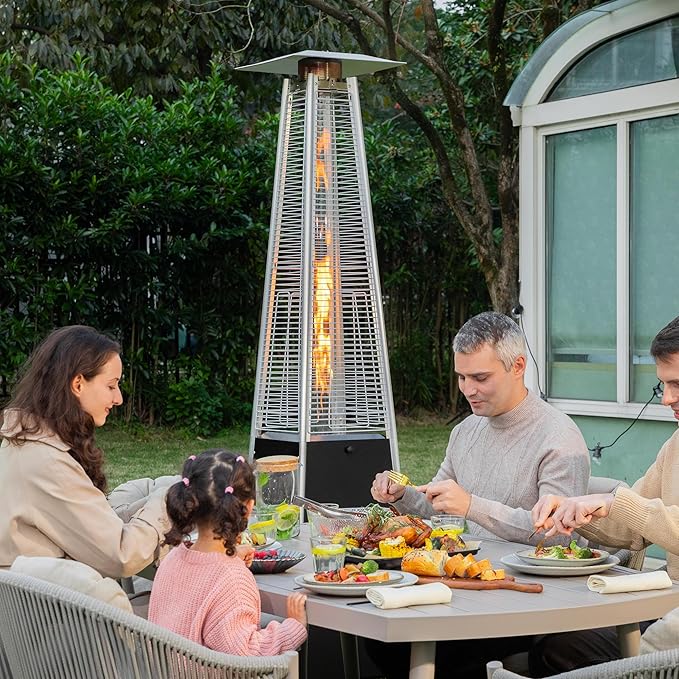 Nuu Garden Outdoor Propane Patio Heater, 48,000 BTU Pyramid Outdoor Heater with Wheels, Hammered Bronze Tower Portable Heater with Oxford Cover for Garden, Terrace, Black